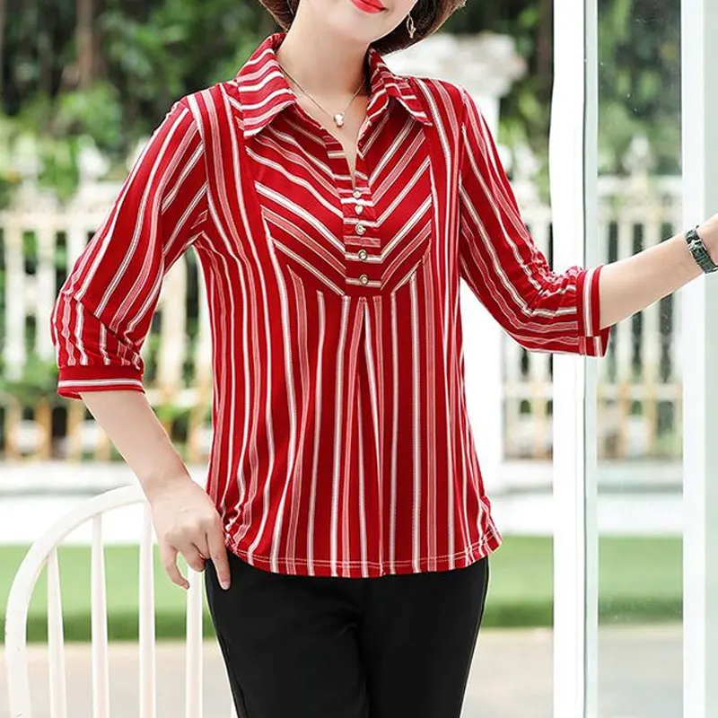 

Casual Striped Spliced Shirt Fashion Polo-Neck Button Spring Summer All-match 3/4 Sleeve Women's Clothing Commute Folds Blouse