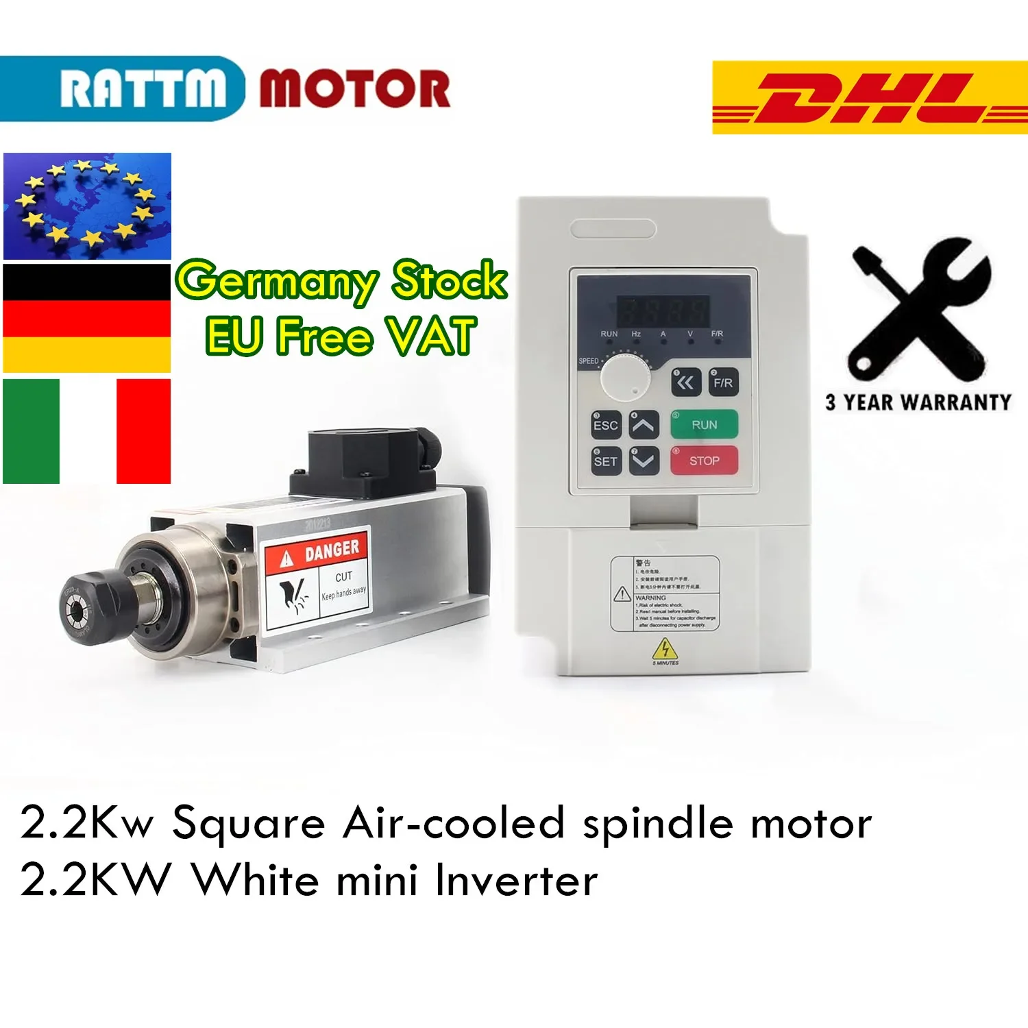 2.2kw ER20 220V Air Cooled Spindle Motor 24000rpm Runout off 0.01mm + 2.2KW Inverter VFD CNC Router Milling Kit