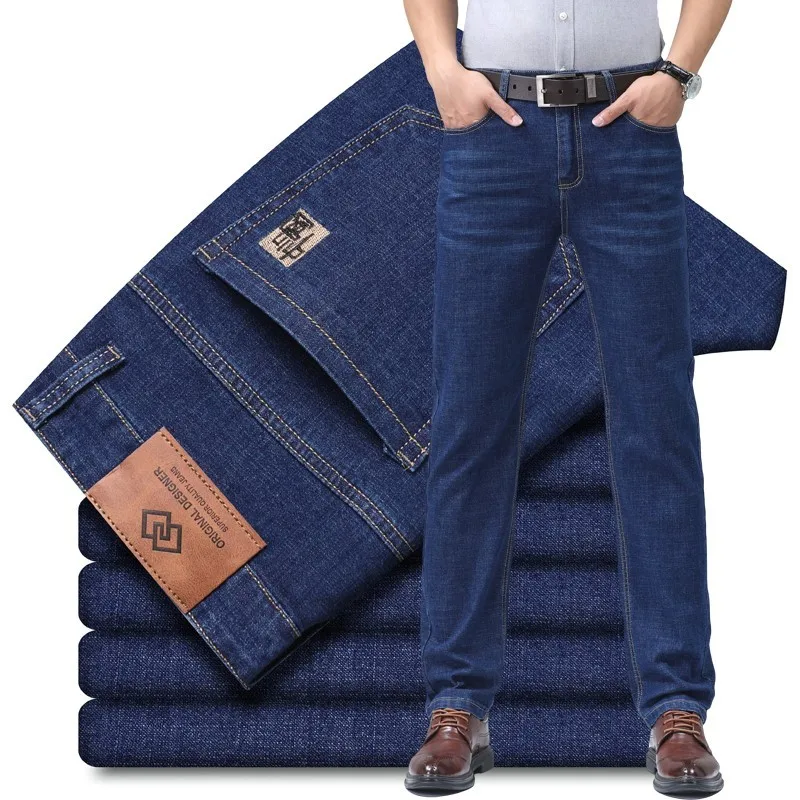 Jeans da uomo in Denim moda Casual di marca pantaloni dritti da lavoro elastici moda comodi pantaloni da gentiluomo quotidiani neri blu