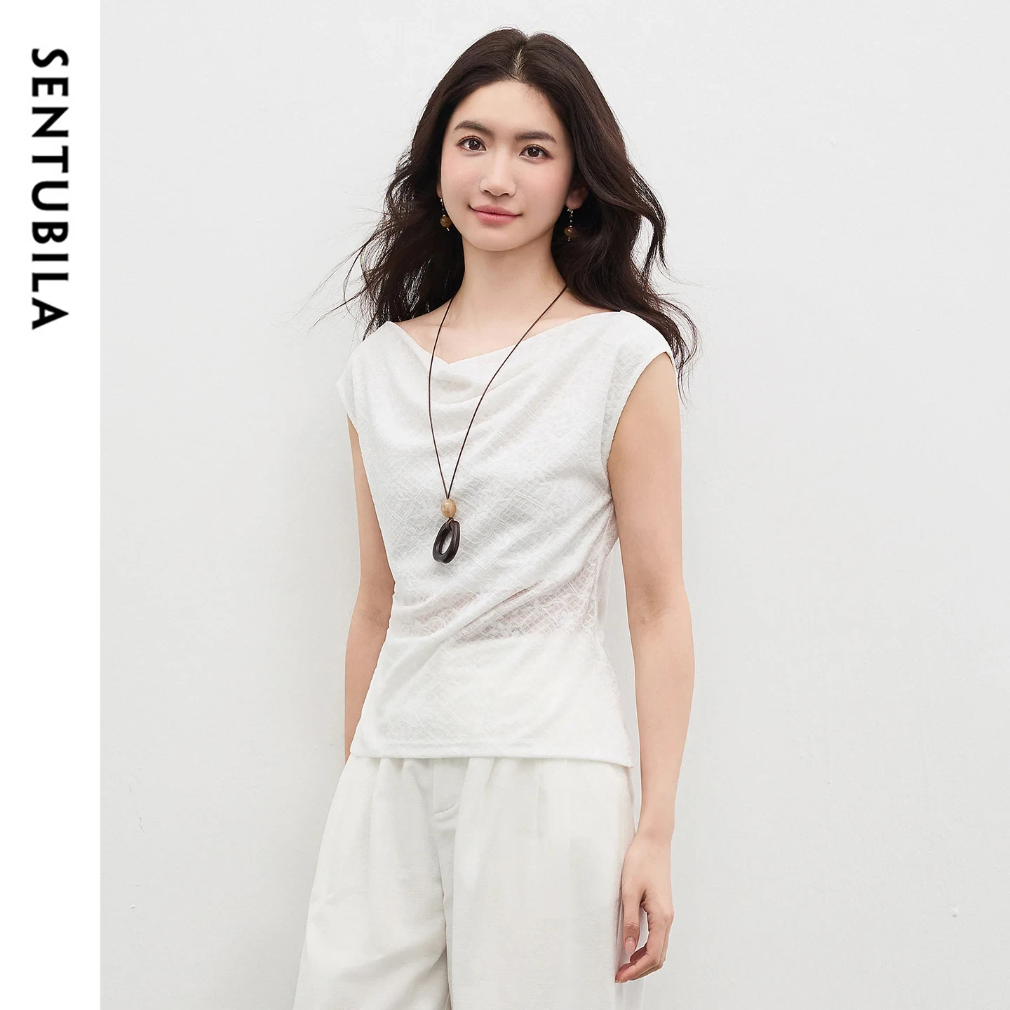 SENTUBILA Women's Two-Way Neck Top 2026 Summer New Elegant White Ruched Hem Asymmetrical Design Textured Lace T-shirt 162SA4774