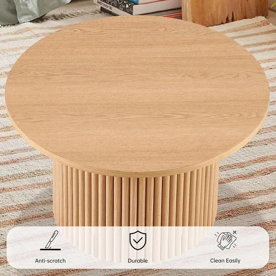 

27" Round Coffee Table, Coffee Table For Living Room, Mid Century Modern Wood Coffee Table, Drum Accent Small Center Table, Oak