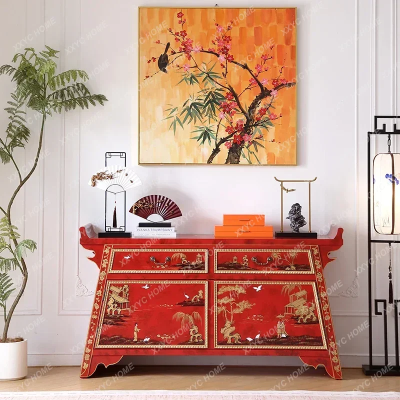 

XZ Retro red living room entrance dining side cabinet hotel clubhouse lobby foyer decorative cabinet
