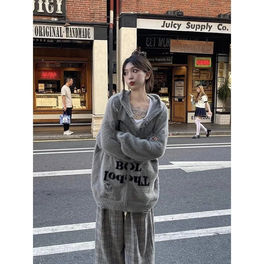 

American Lazy Retro High Street Loose Men's Knitted Cardigan with Hood Zipper Plu Coat Casual Autumn Long Sve Polyester ...