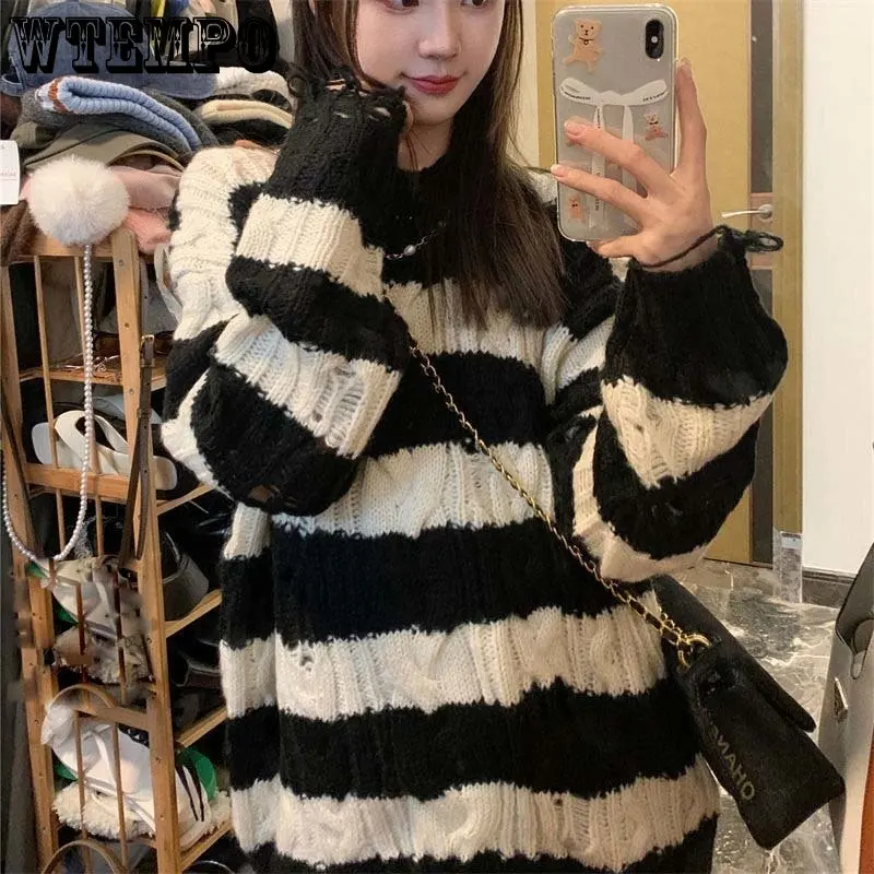 Striped Loose Sweater Gothic Women\'s Irregular Ripped Twist Pullover Mid-length Top Crew Neck Long Sleeve Knit Pullover Sweater