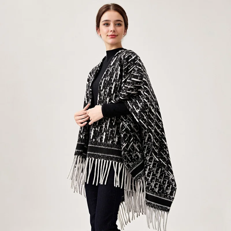 Letter Knitted Shawl Fabric with Tassels Large Check Jacquard Cape Shawl Scarf