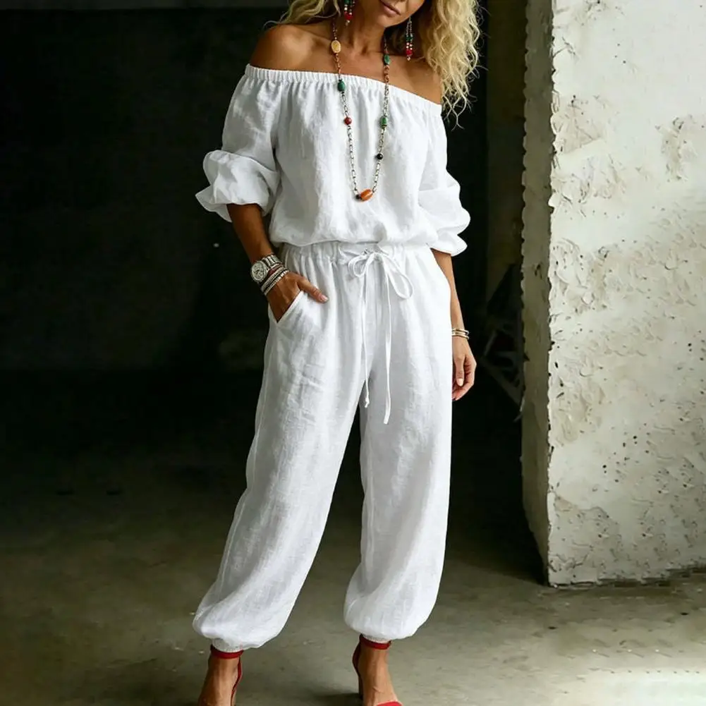 Off Shoulder Tie Waist Jumpsuit,Polyester Casual Half Sleeve Rompers,Simple Design Lightweight Outfits with Pockets