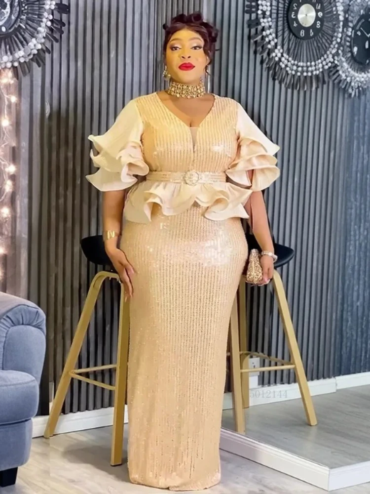 

Plus Size African Dresses for Women Elegant 2026 Sequin Half Sleeve V-neck Polyester Long Bodycon Dress Outfits Africa Clothing