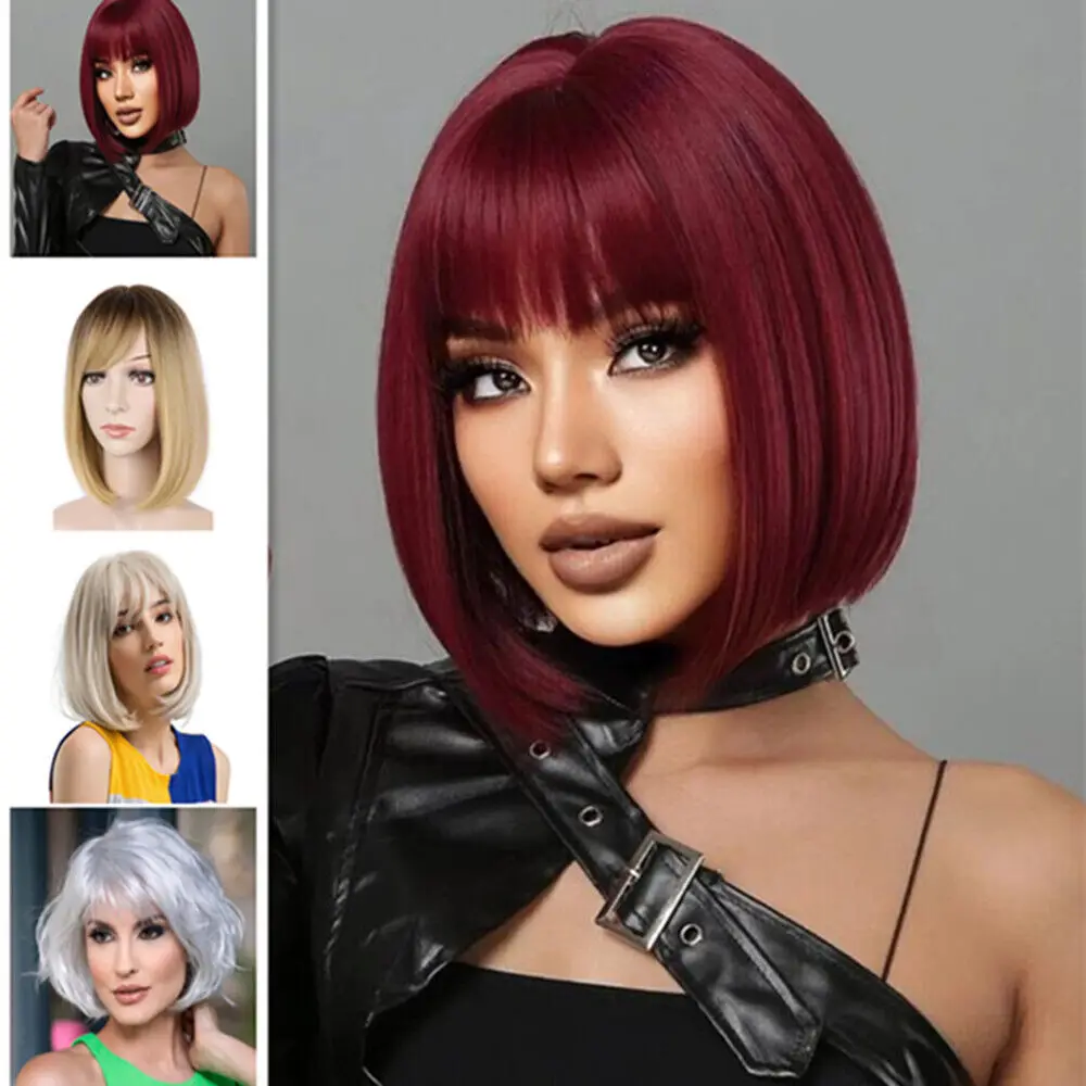 Women Short Straight Bob Hair  Natural Human Hair Party Cosplay Full Wig