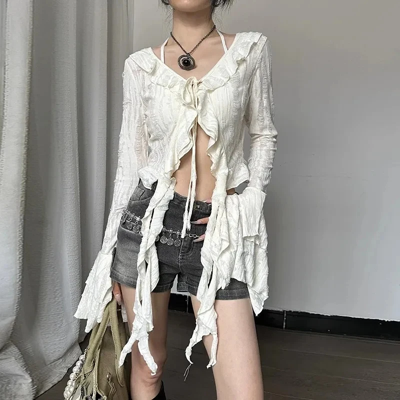 Irregular Cardigan Women Tassels Chic Solid Long-Sleeved Harajuku Y2K Shirt Fashion Skinny Ruffled Korean Flare Lace-Up Blouse