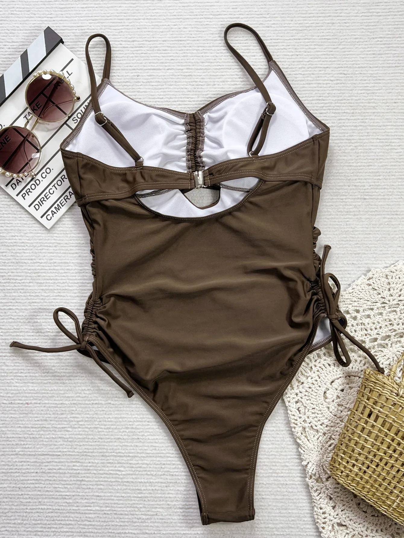 sexy brown wrinkled swimsuit one piece bikinis drawstring tie swimwear bodysuits women biquini bathing suits tankini