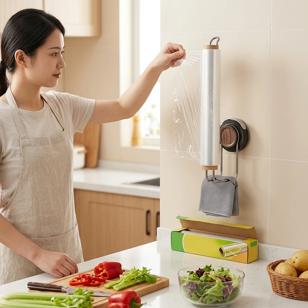 Cling Film Holder Walnut-Wood Grain Roll Rack Vacuum Suction Mount for Kitchen Wall Plastic Wrap Foil Organizer Durable