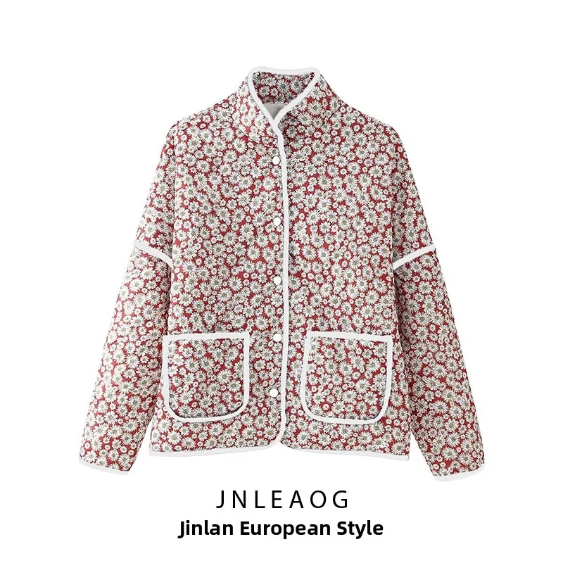 

Женская осенняя хлопковая куртка с модным принтом «Ромашки», новинка прямого кроя, длинный воротник-стойка на одной пуговице