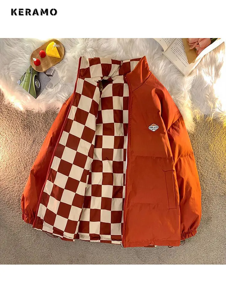 Winter Women Plaid Padded Jacket Double-sided Checkerboard Loose Oversize Cotton-padded 2023 Winter Harajuku Thickened Warm Coat