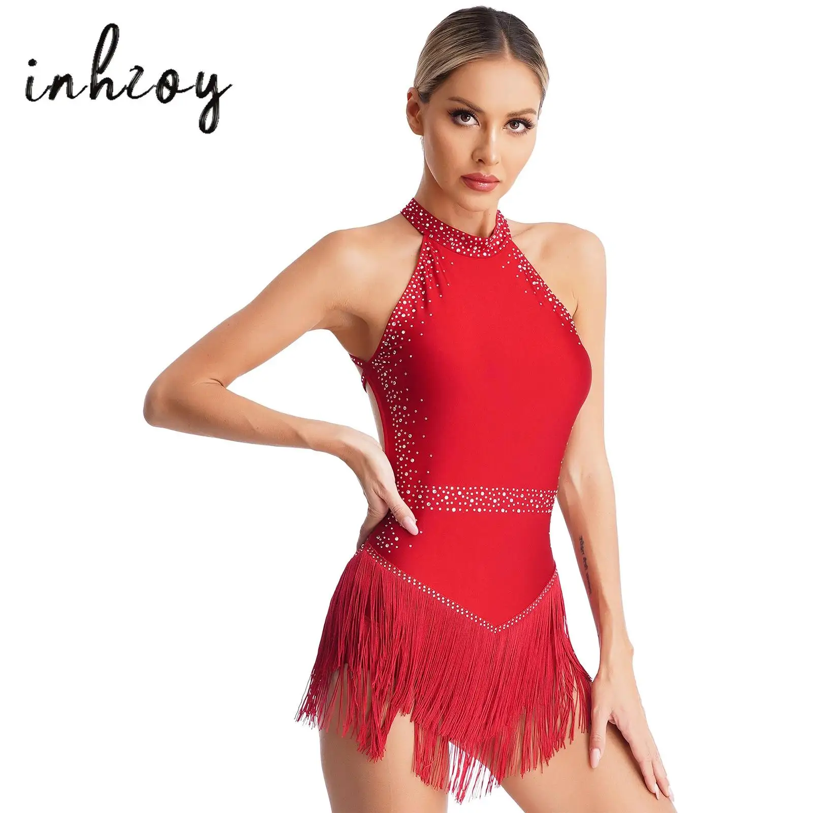 

Women Fringe Leotard Figure Skating Dancewear Halter Neck Sleeveless Tassel Bodysuit Rhinestone Latin Jazz Performance Costume