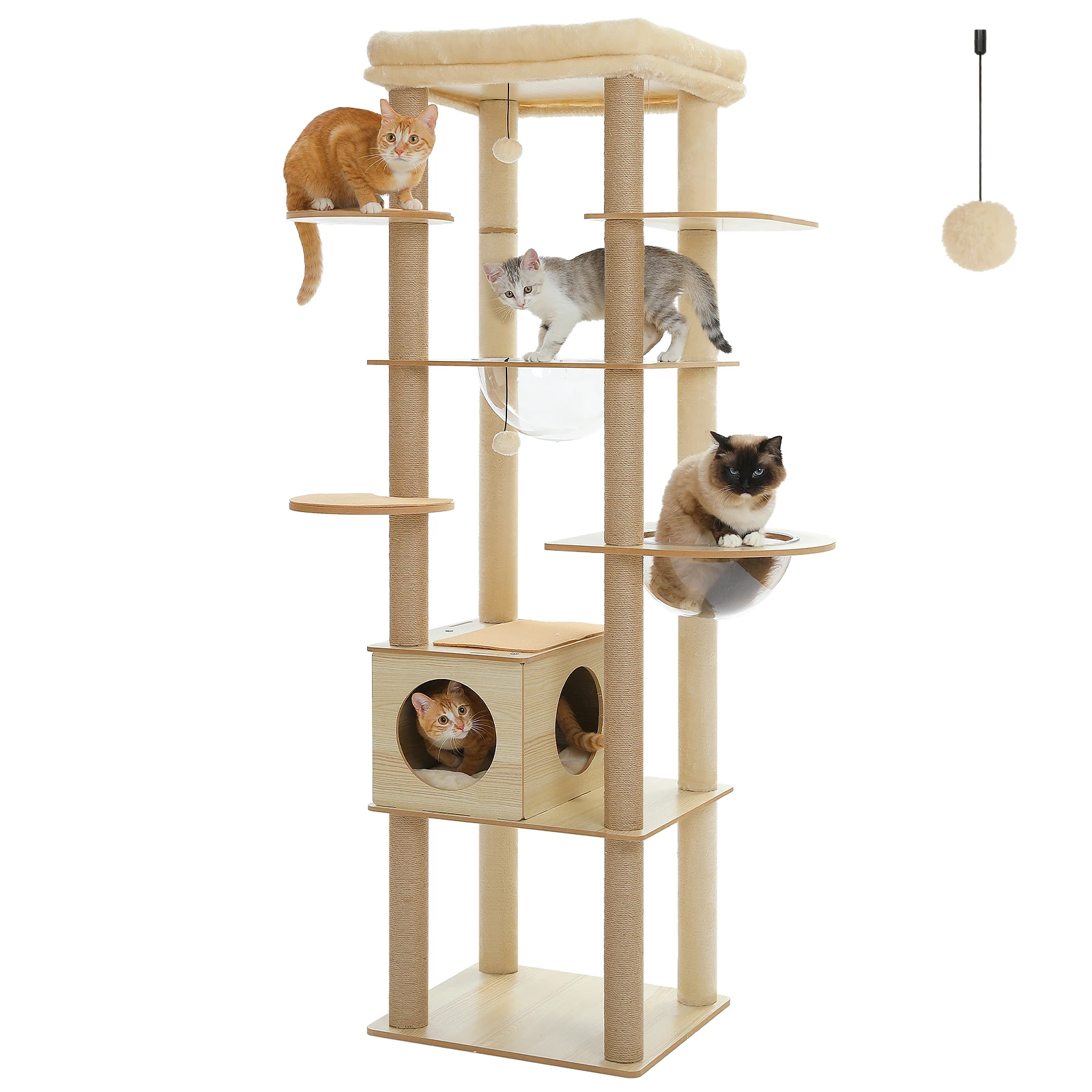 Grote kattenboom met 2 acryl hangmatten, hoge houten kattentoren met krabpalen & ruime bovenste zitplaats, multi-level binnenkatten speelgoed