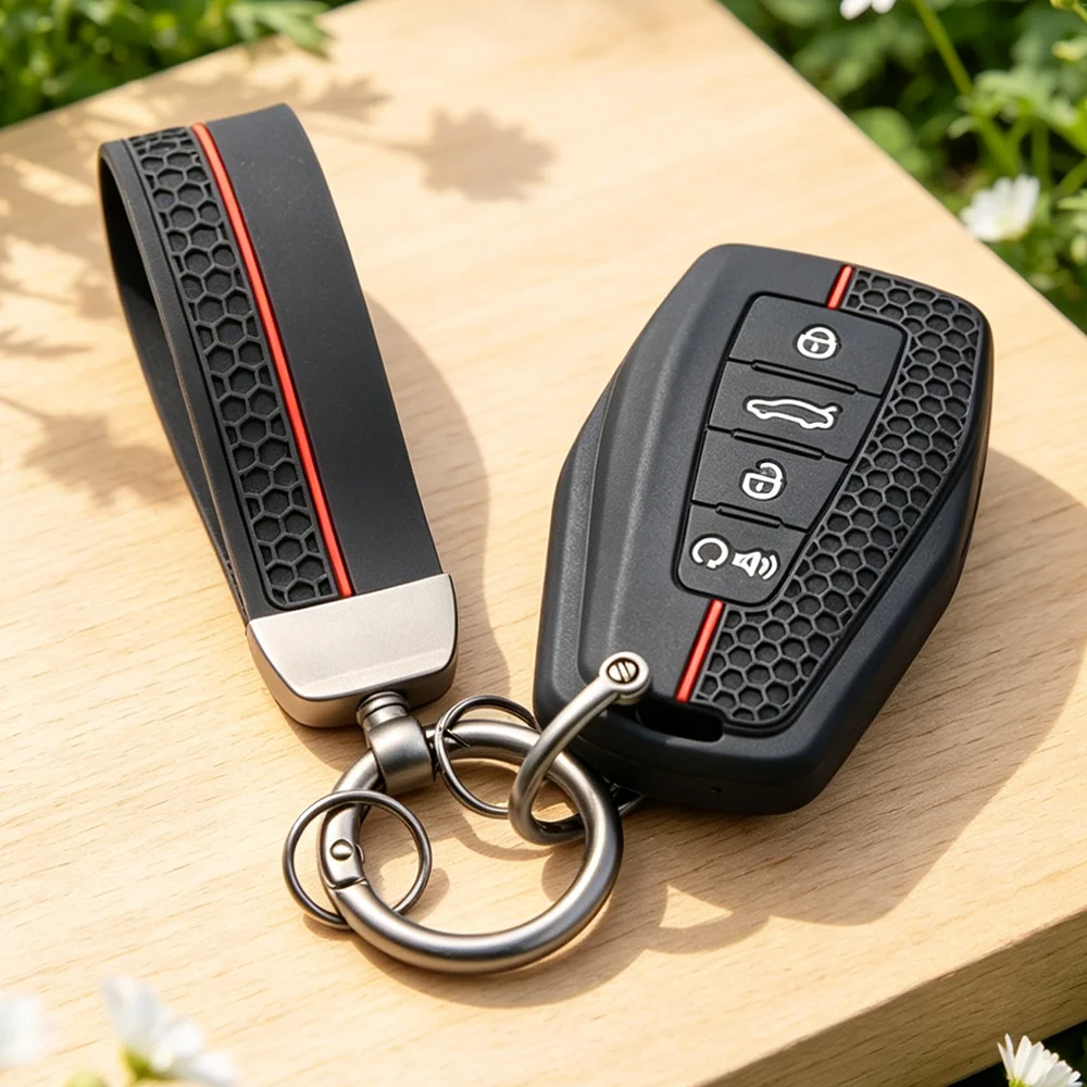 Honeycomb Silicone Key FOB Cover With Keychain For Geely Emgrand X7 EX7 Coolray Azkarra Atlas Okavango Auto Accessories
