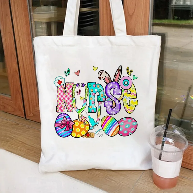 Easter Nurse Print Canvas Tote Bags Makeup Bag Book Lovers Tote Bag Library Tote Shopper Women's Tote Bag