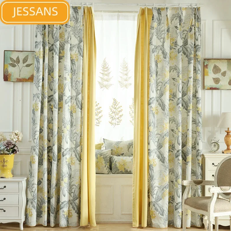 Yellow Plant Printed Cotton and Linen Patched Curtains for Living Room Bedroom French Window Balcony Customized Products