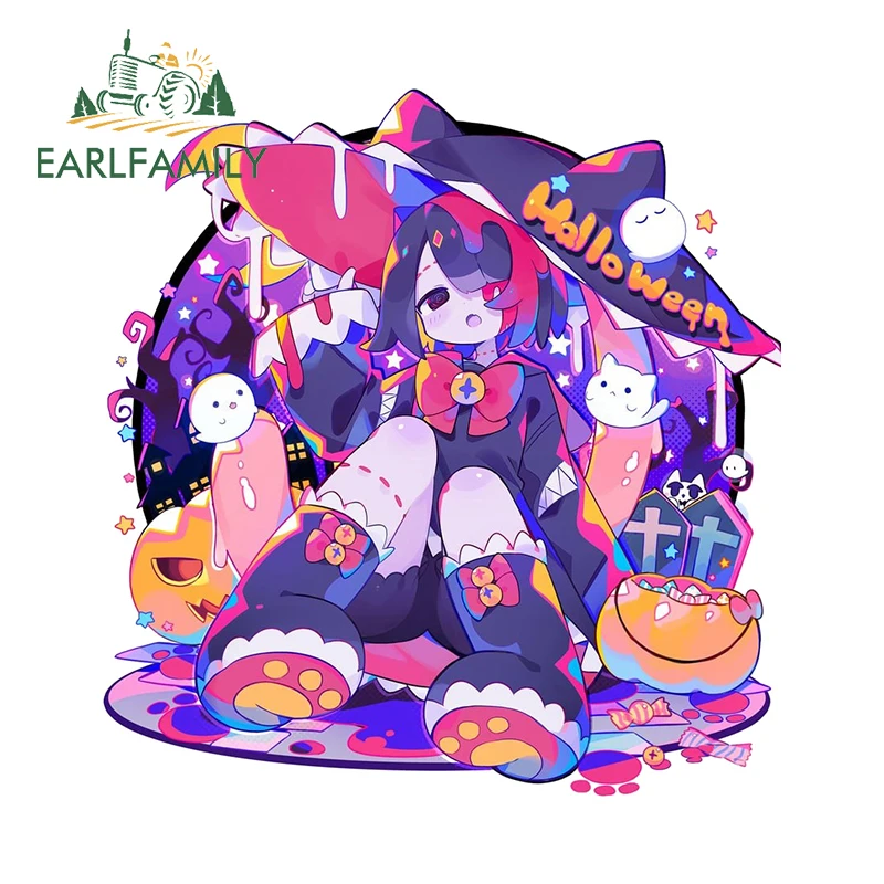 EARLFAMILY 13cm x 12.5cm Halloween Girl Cartoon Car Sticker Colorful Anime Witch Ghost Decal Waterproof Windows Accessories