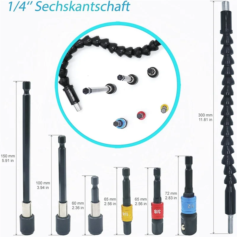 

B-Est Flexible Drill Bit Extension Set 8Pcs, Hex Shank 105°Right Angle Drill Bit Attachment Set Universal Socket Adapter