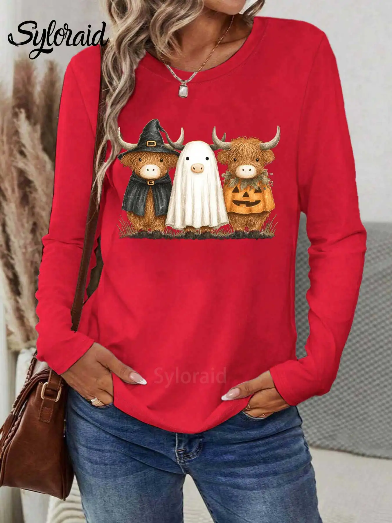 تي شيرت نسائي بأكمام طويلة تي شيرت للهالوين هايلاند بقرة تي شيرت Moo I Mean Boo قميص عصري برقبة دائرية كاجوال #3