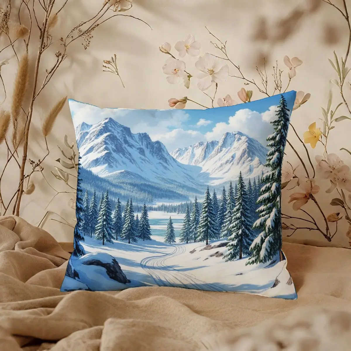 

4-Piece Pillow Cover Set Without Inserts Winter Landscape Snow-Capped Mountains Pines 45x45cm Washable Decorative Living Room