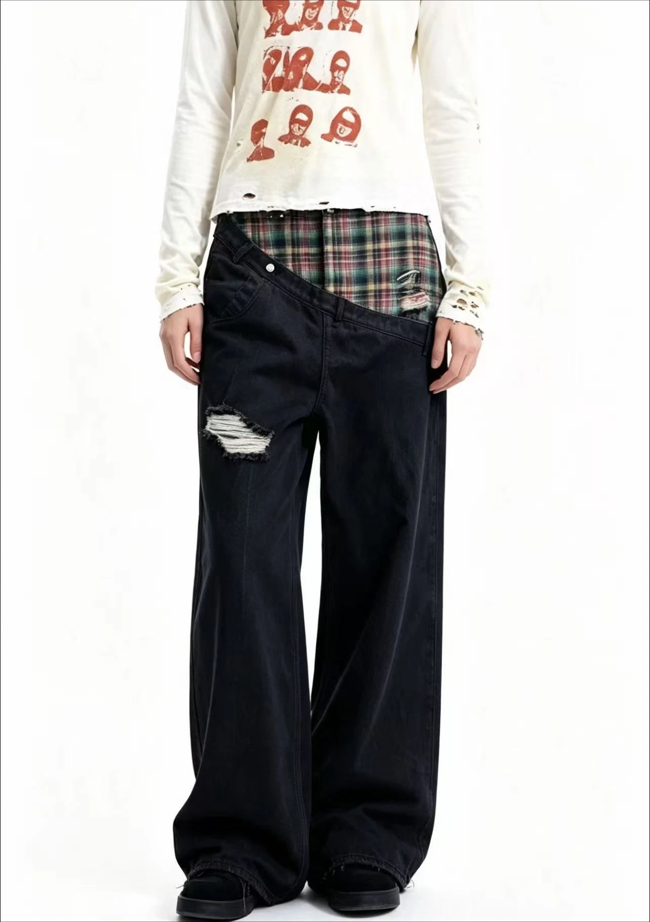 Y2k American slanted runway loose jeans plaid retro patchwork unisex wide-leg pants street Harajuku hip-hop casual new jeans