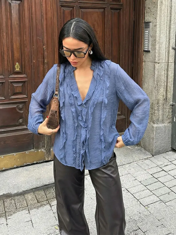 HH Damen Mode Langarm V-Ausschnitt Rüschenbluse 2026 Sommer Lässige Lockere Urlaubs-Transparente Dünne Hemden Weibliche Y2K Tops
