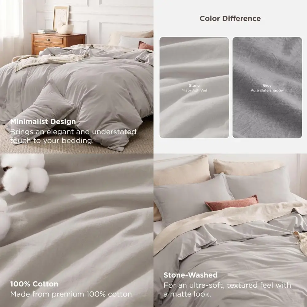 

100% Stone Washed Cotton Duvet Cover King - Stone Color Minimalist Cotton Duvet Cover Linen Like for All Seasons - GentleSoft™ P