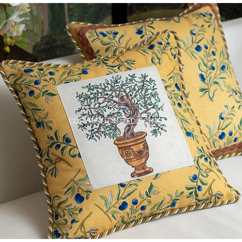 Medicci Home Gold Olive Tree Decorative Cushion Cover Richly Toned Collection Throw Linen Pillow Case Southern France Style Deco