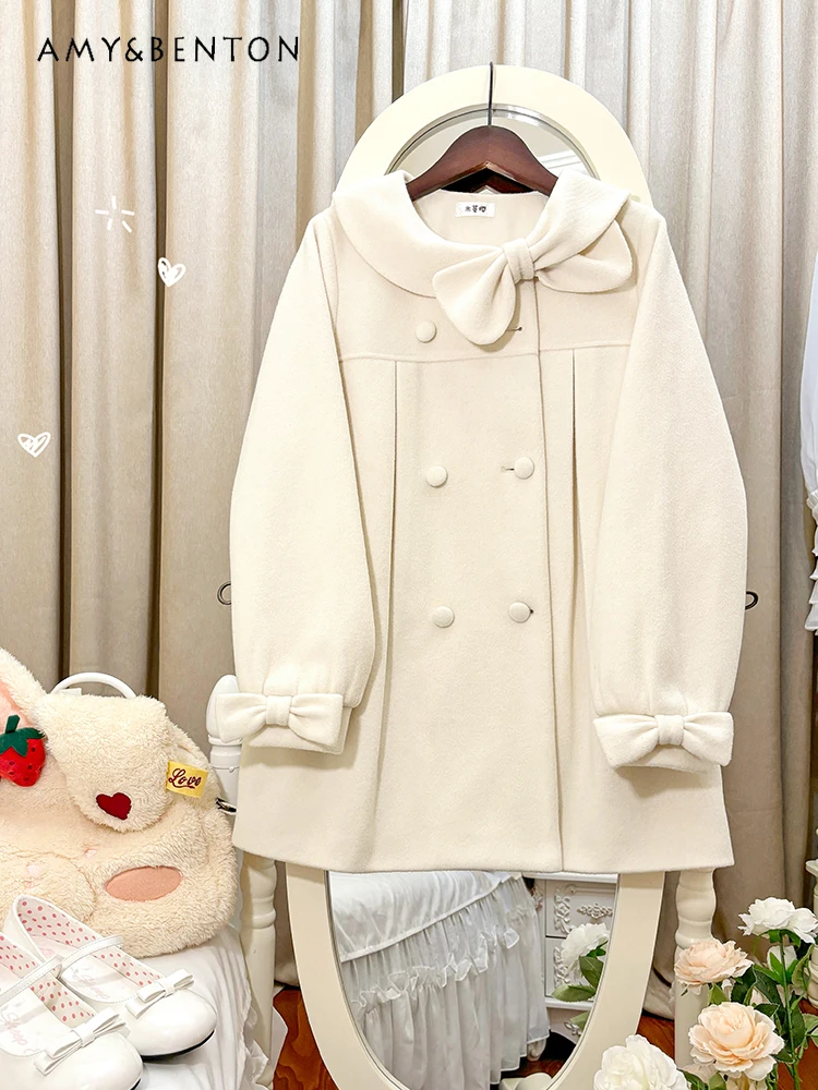 

Sweet Doll Collar Bowknot Reversible Woolen Jacket Dopamine Lantern Sleeve Wool Coat Women Kawaii Lolita Winter Women Clothing