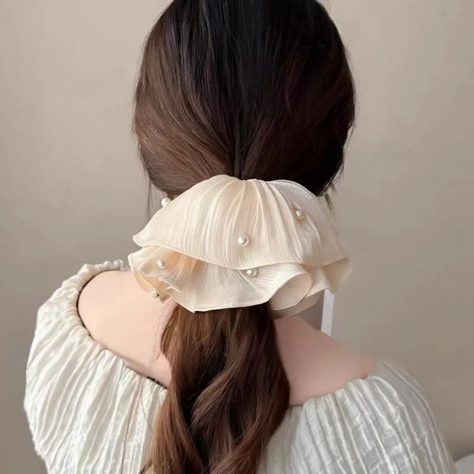 French Pleated Hair Scrunchies High-end Fairy Imitation Pearl Mesh Headband Ponytail Holder Elastic Hait Tie Floral Hair Rope