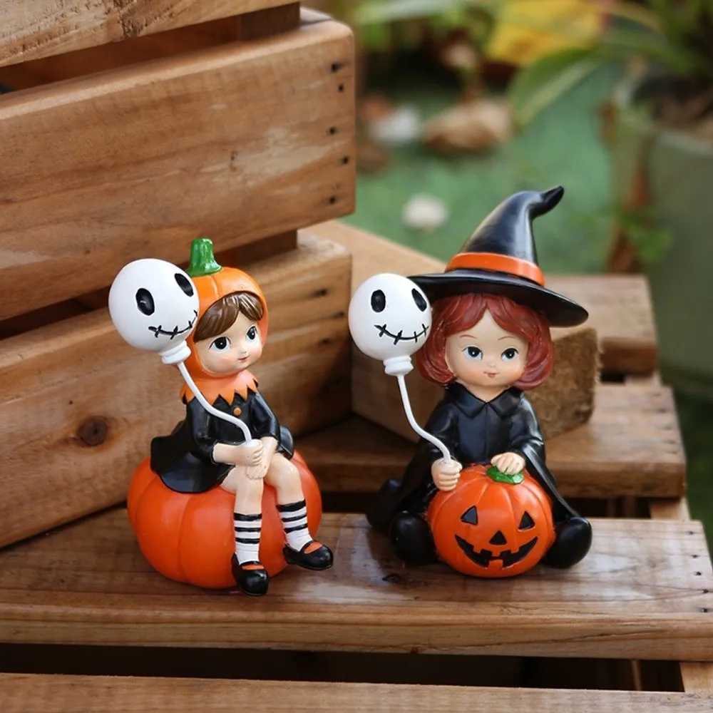 

2pcs Crafts Witch Doll Halloween Statues Cute Funny Pumpkin Girl Figurines Resin Cartoon Halloween Party Ornaments Flowerpot