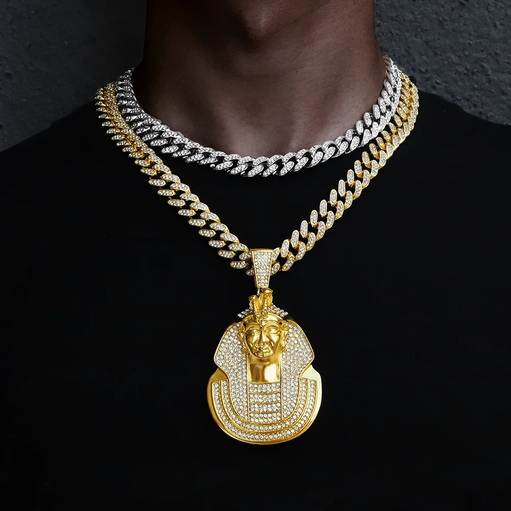 Hip Hop Popular Huge Pharaoh Head Pendant Necklace Men Iced Out Bling Crystal Charm Chain Pendants Jewelry Punk Cuba\'s Necklace