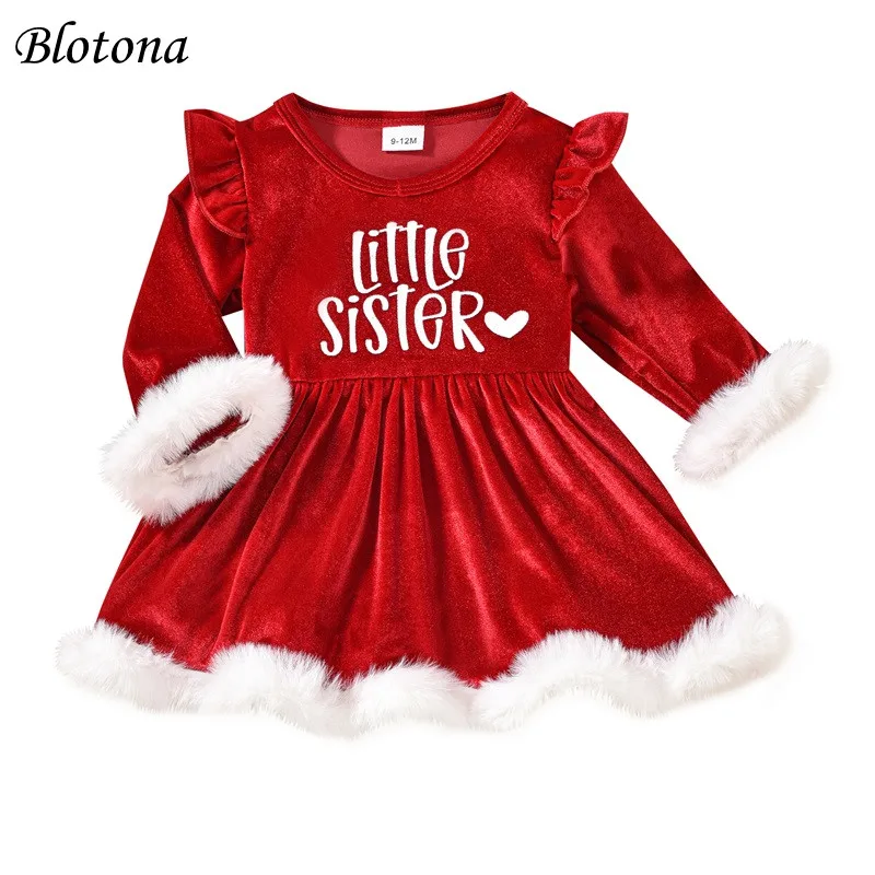 Blotona Baby Girls Christmas Dress Long Sleeve Letter Print Fur Trim Velvet Romper Dress Newborn XMAS Clothes 0-24Months