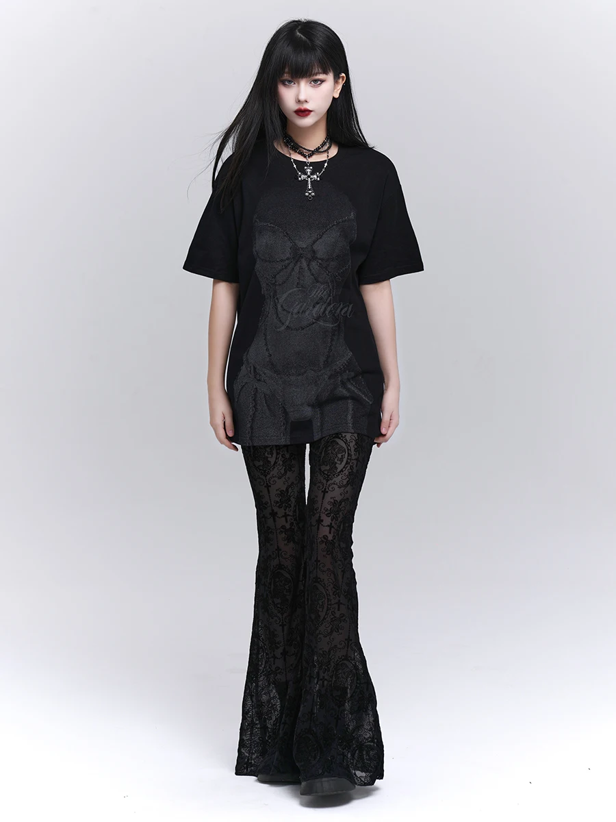 Gothic Black Lace Micro-horn Trousers High Waist and Thin Subculture Sweet and Spicy Style Music Festival See-through Pants