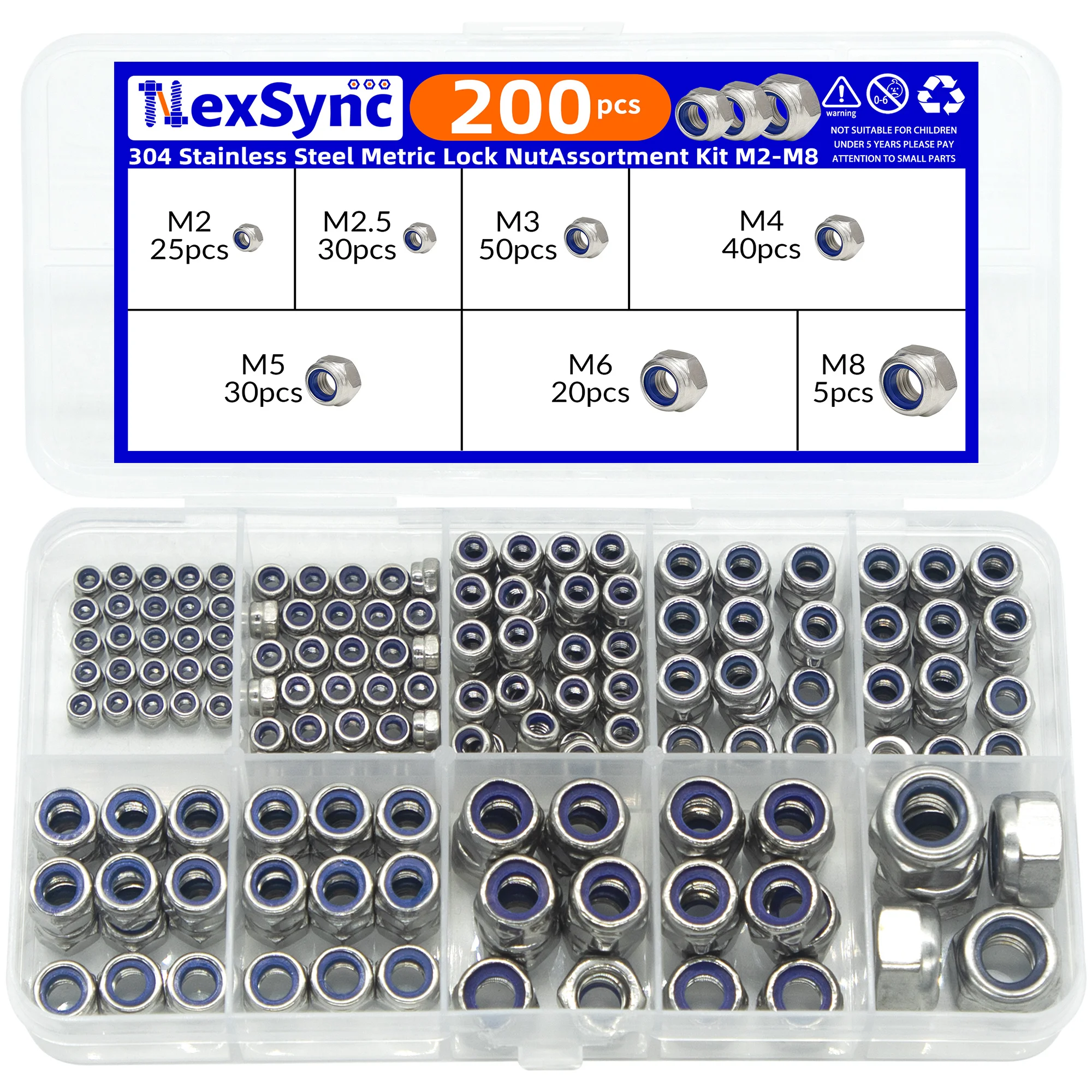 200pcs DIN985 Hex Nylon Insert Self - Lock Nut Kit. Sizes M2 - M8, available in 304 stainless steel and carbon steel.