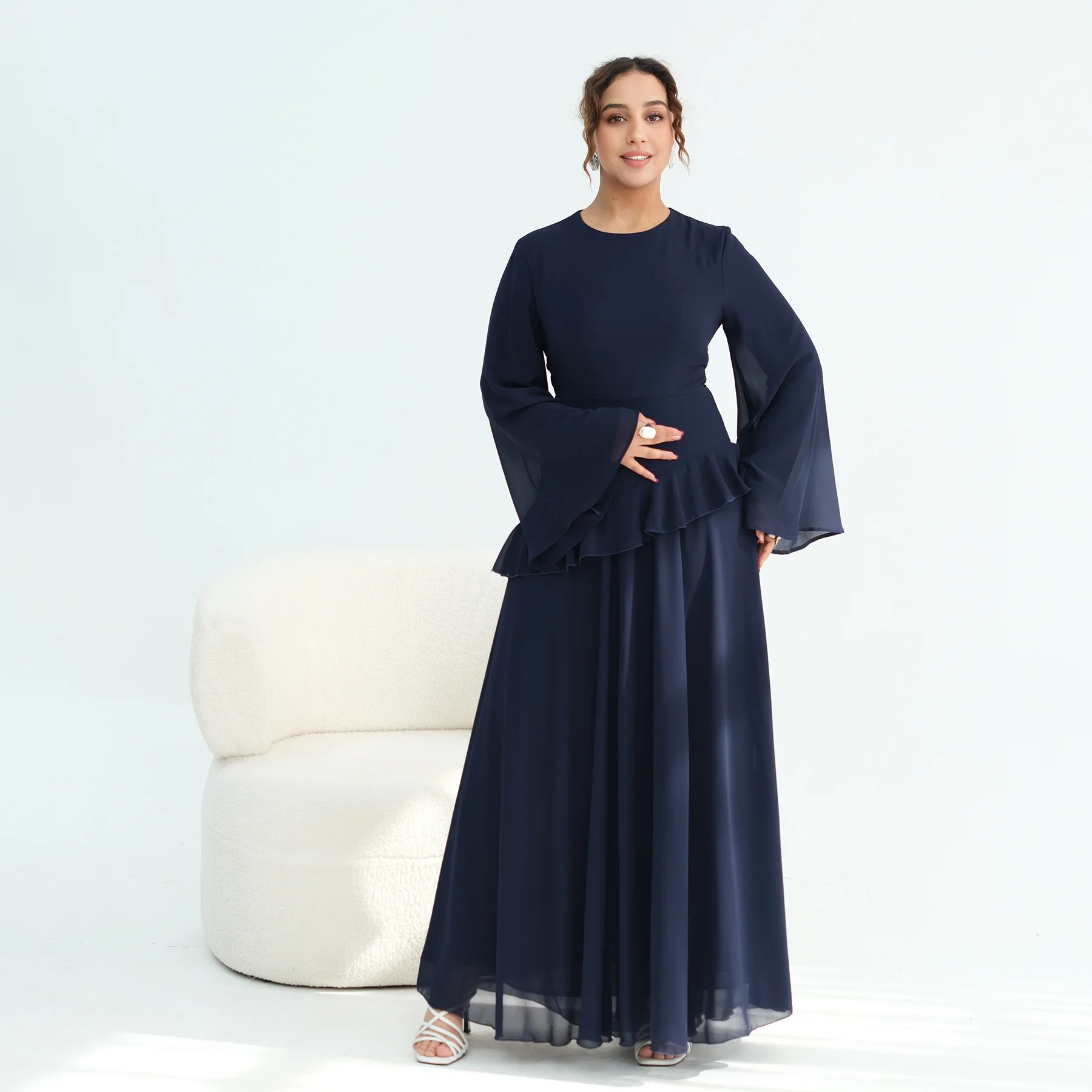 

Double-Layer Pearl Chiffon Dress Dubai Middle East Abaya Eid Muslim Women Party Dresses Turkey Kaftan Djellaba Islam Clothing