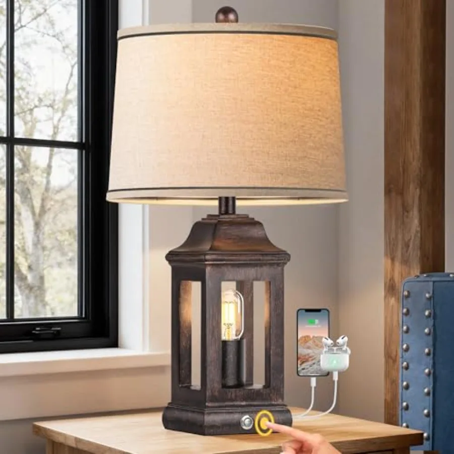 

24" Rustic Farmhouse Table Lamps for Living Room, Single Pack Touch Dimmable Nightlight Vintage Bedside Lamps with USB A+C Port