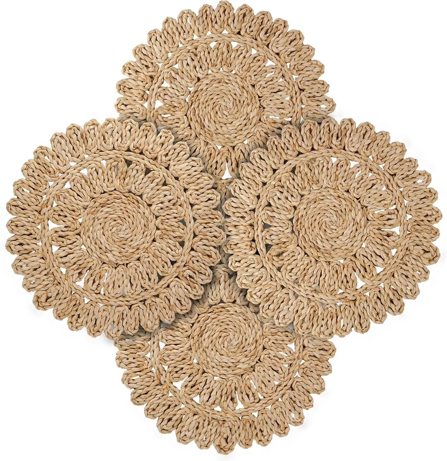 

Набор из 4 плетеных круглых подставок под тарелки из кукурузной шелухи, 13,8 дюймов - Подставки в стиле бохо-фармхаус из ротанга - Настольные коврики из ротанга