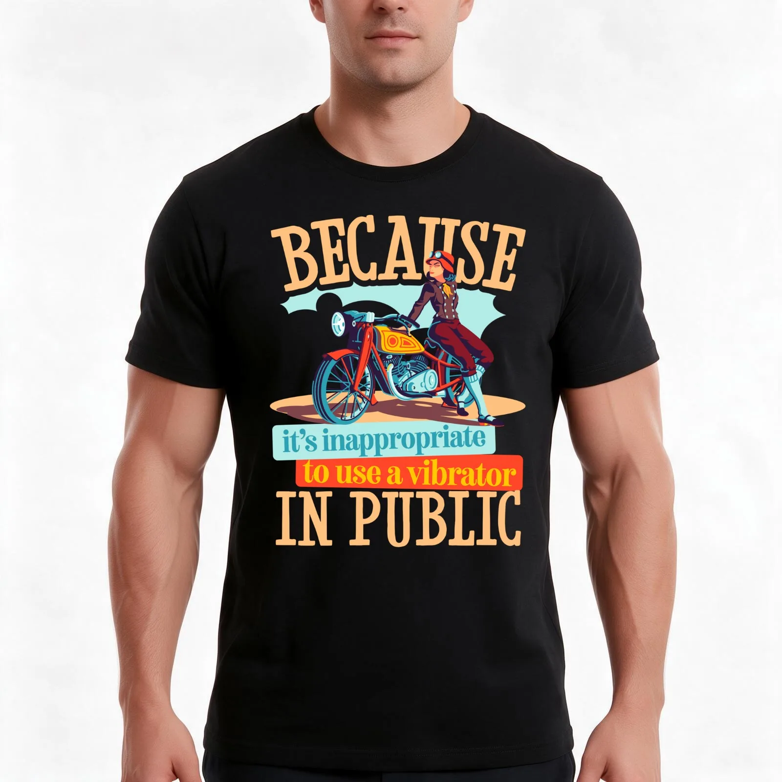 Because it's Inappropriate to use a Vibrator in Public - Dark Version - Illustrated Woman Leaning on Motorcycle in V T-Shirt