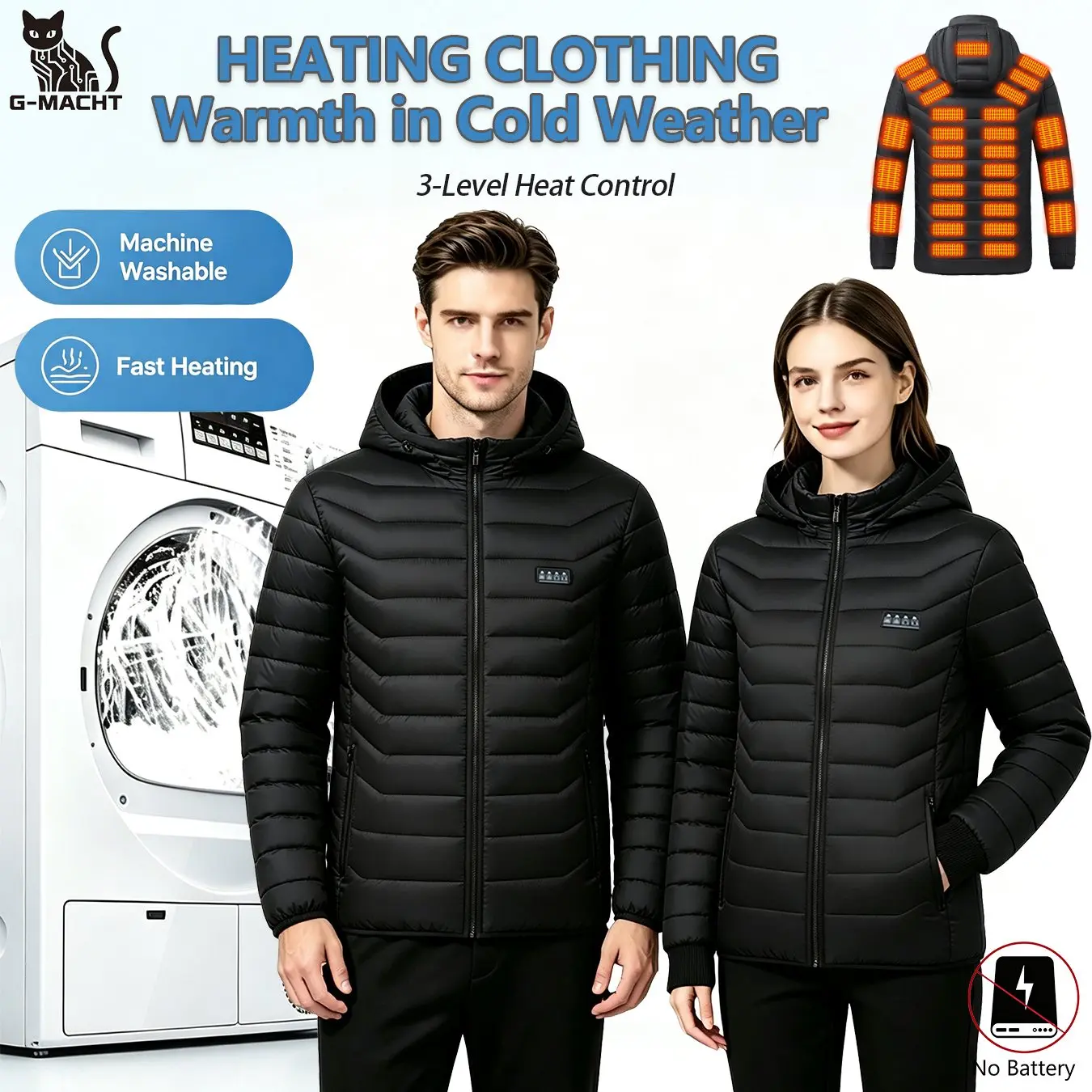 G-MACHT Unisex USB 38-Zonen Beheizte Kapuzenjacke, 4-Schalter-Steuerung, Langarm-Winterjacke für Camping, Wandern, Skifahren – Detail 5
