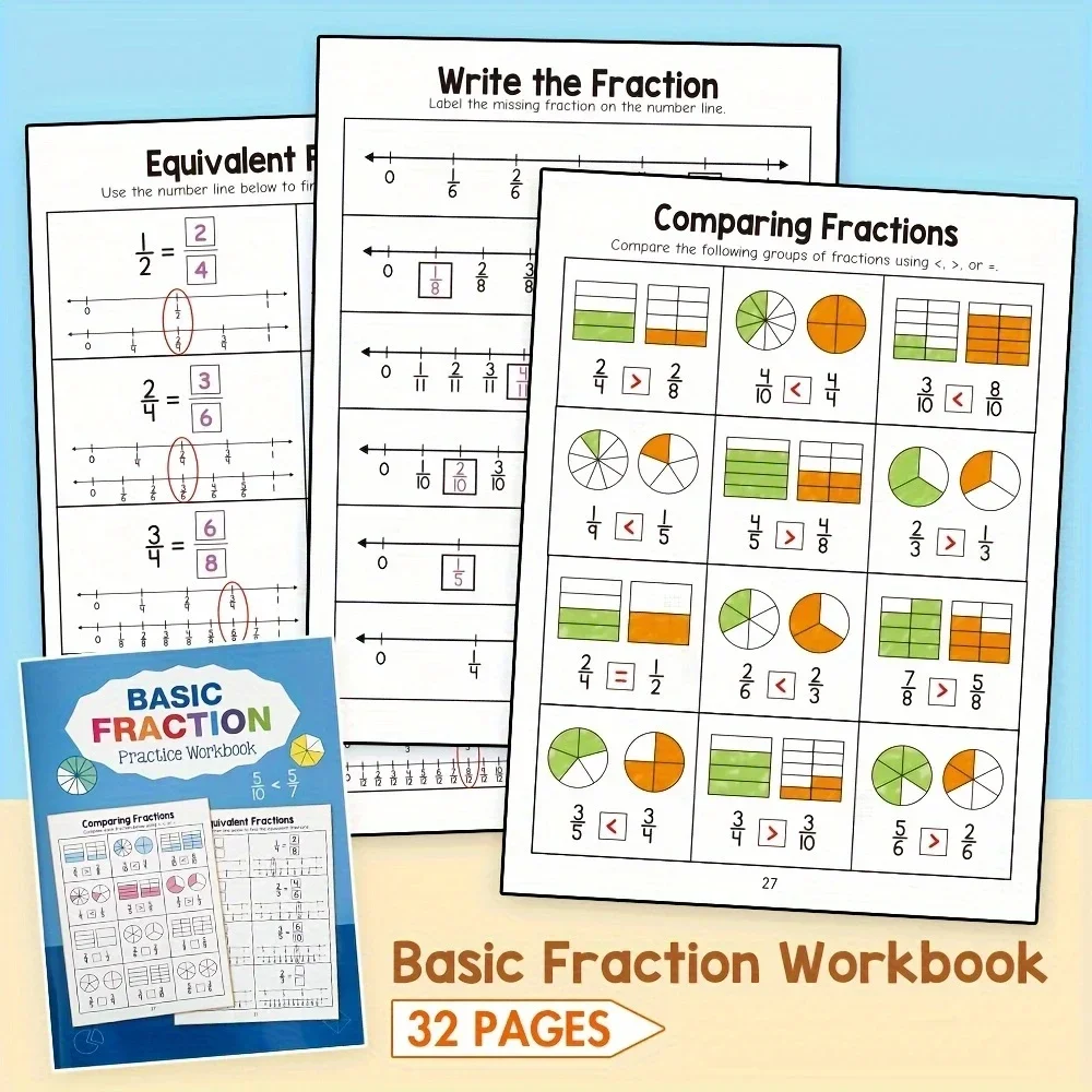 Fun Math Basic Fraction Skills Workbook 32 Pages of Engaging Exercises for Comparing & Equivalent Fractions Math Teaching Tool