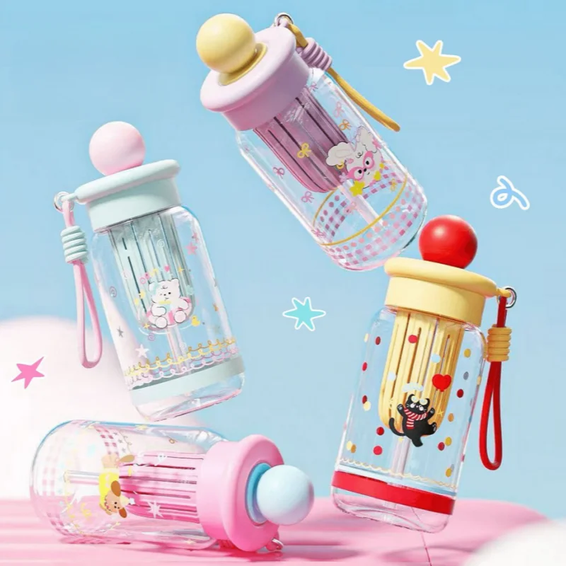 Cartoon Plastic Straw Cup with Large Capacity, Summer Portable Student Outdoor Women's Dedicated Handle Water Bottle