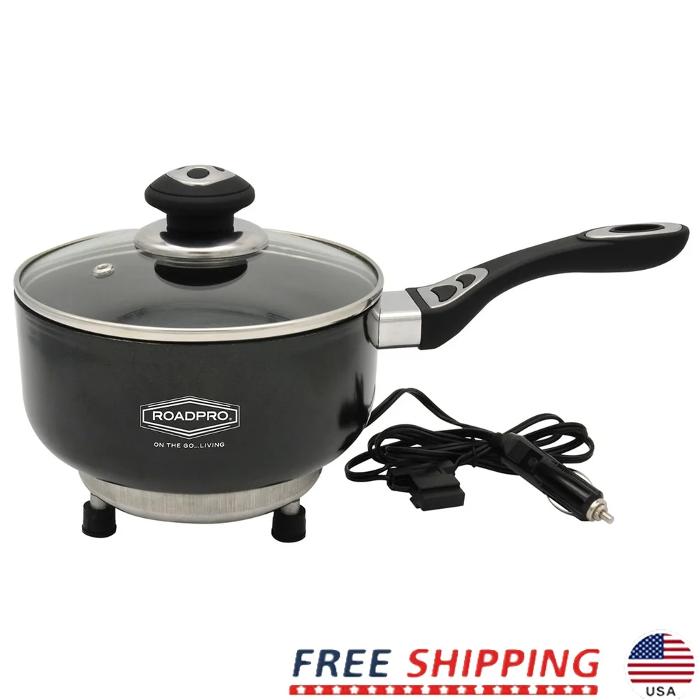

12V Portable Nonstick Saucepan 2 Quart with Stay Cool Handle Vented Glass Lid 4.5ft Power Cord Non-Slip Feet Ideal Camping