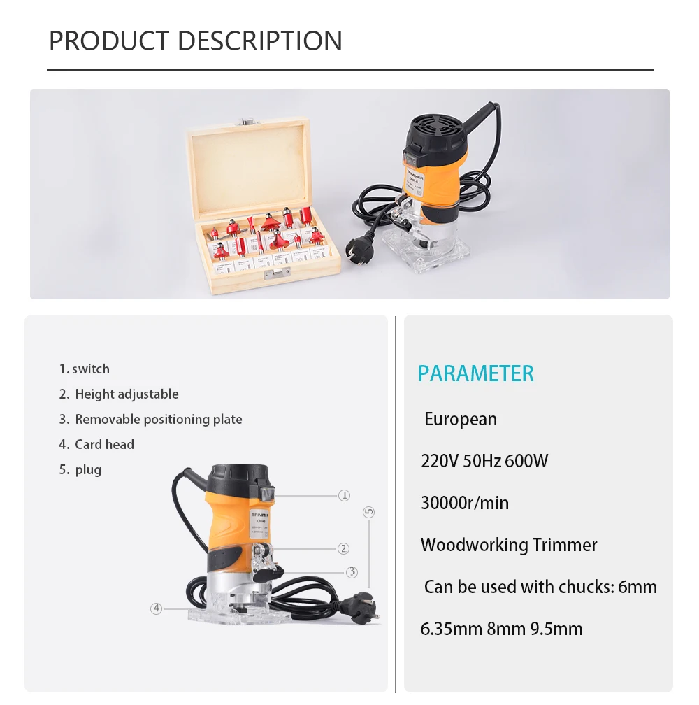 600W 30000RPM Woodworking Electric Trimmer Wood Router Milling Machine Wood Edger Engraving Slotting Carpentry Trimming Tool