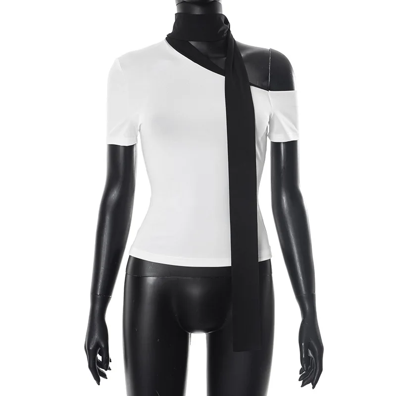 

2025 New Inclined Collar Women Streetwear Contrast Color Tassels Crop T-shirts Short Sleeve Y2k Accessories Ropa Mujer Camisetas