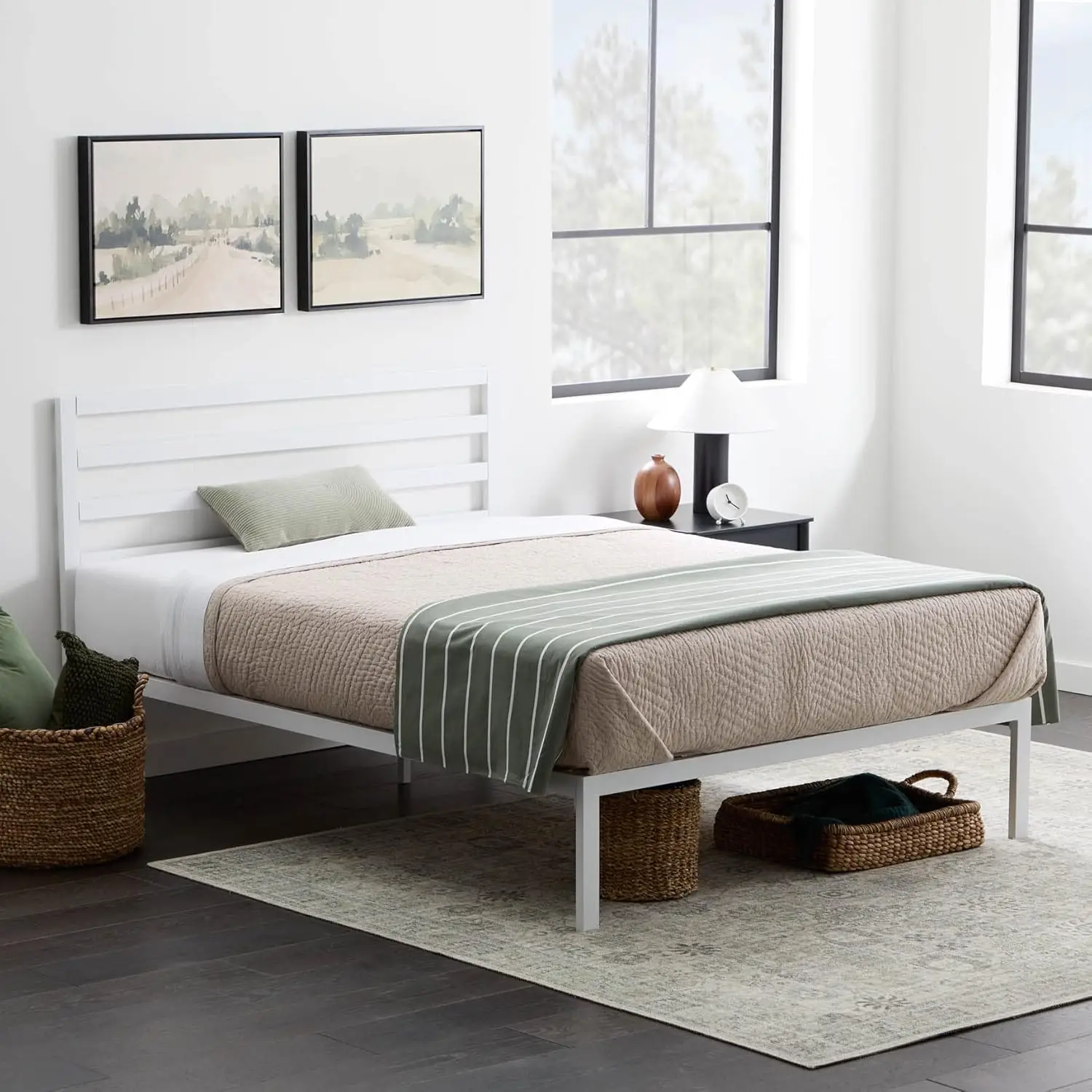 Cassidy Metal Platform Bed Frame with Metal Headboard - Box Spring Not Required - Wood Slat Support, White, Queen
