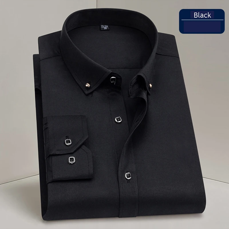 Camisa de negocios de Color sólido para hombre, camisa clásica, básica, informal, delgada, negra, blanca, azul, manga larga, exquisita hebilla de diamante