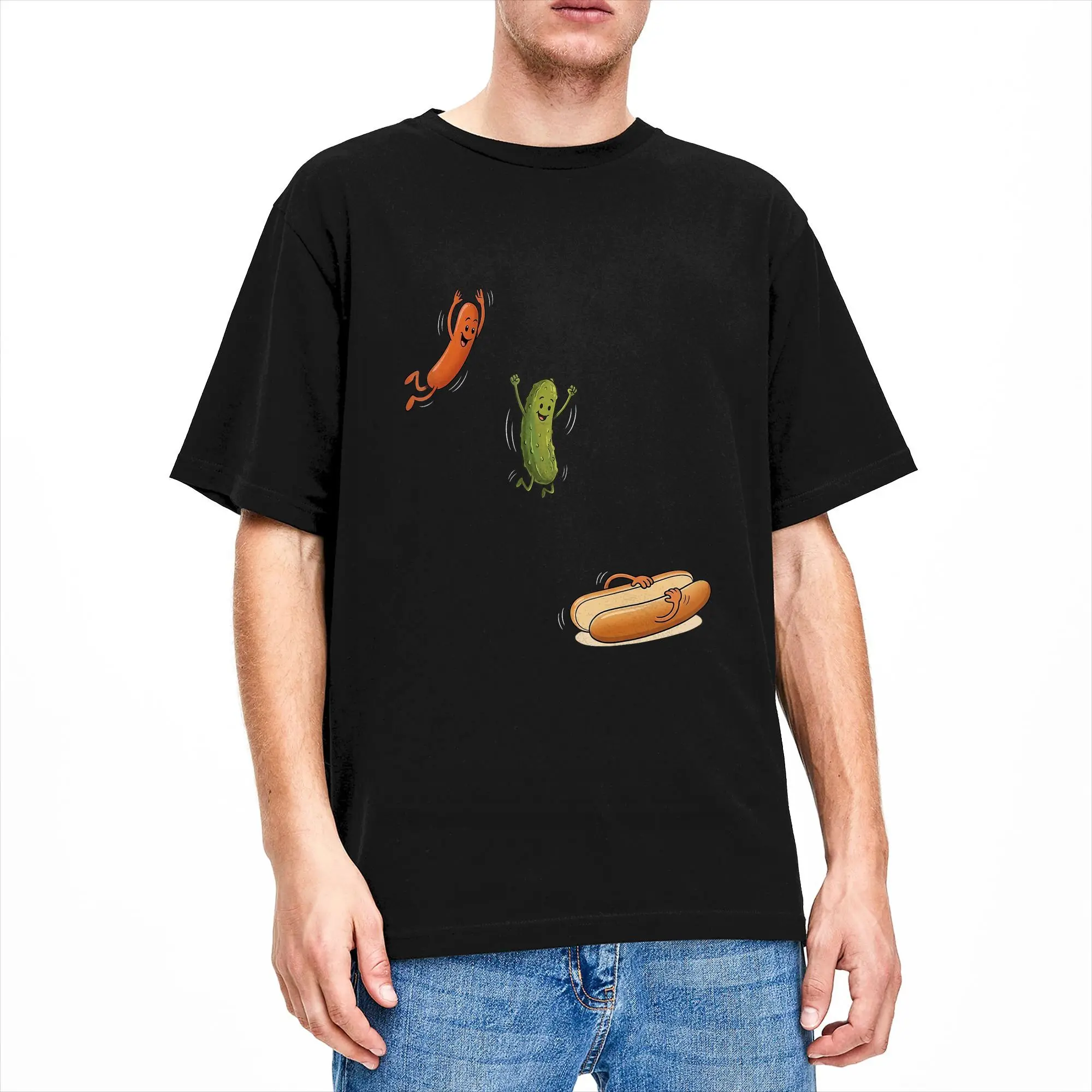 Funny Pickle and Hot Dog Jumping Into Bun Meme T Shirt Men Pure Cotton Amazing T-Shirts Round Collar Tees Short Sleeve Clothes